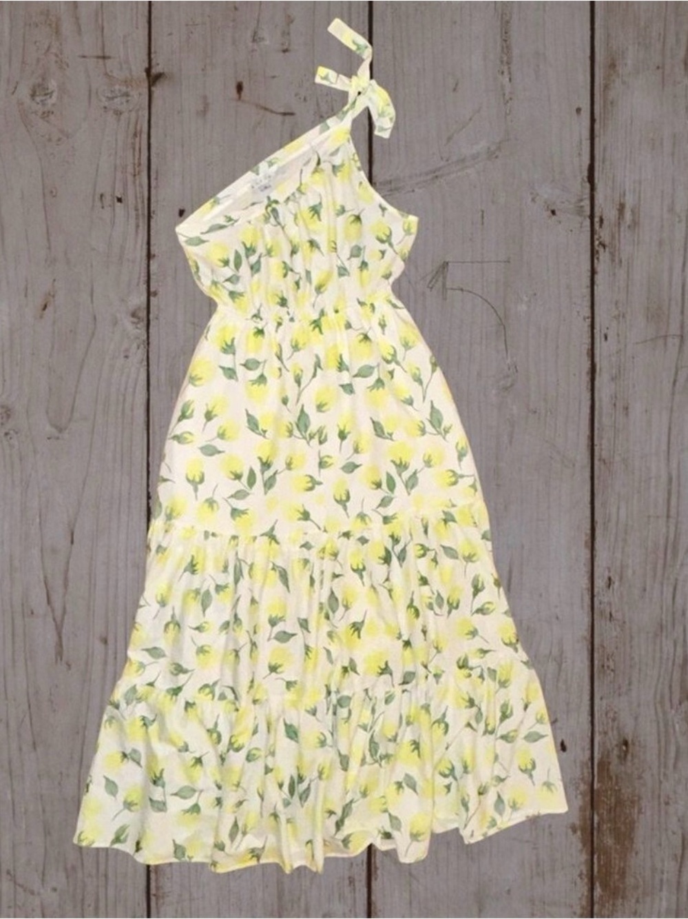 HYFVE White Yellow Tulip Floral One Shoulder Maxi Dress with Tiered Design M